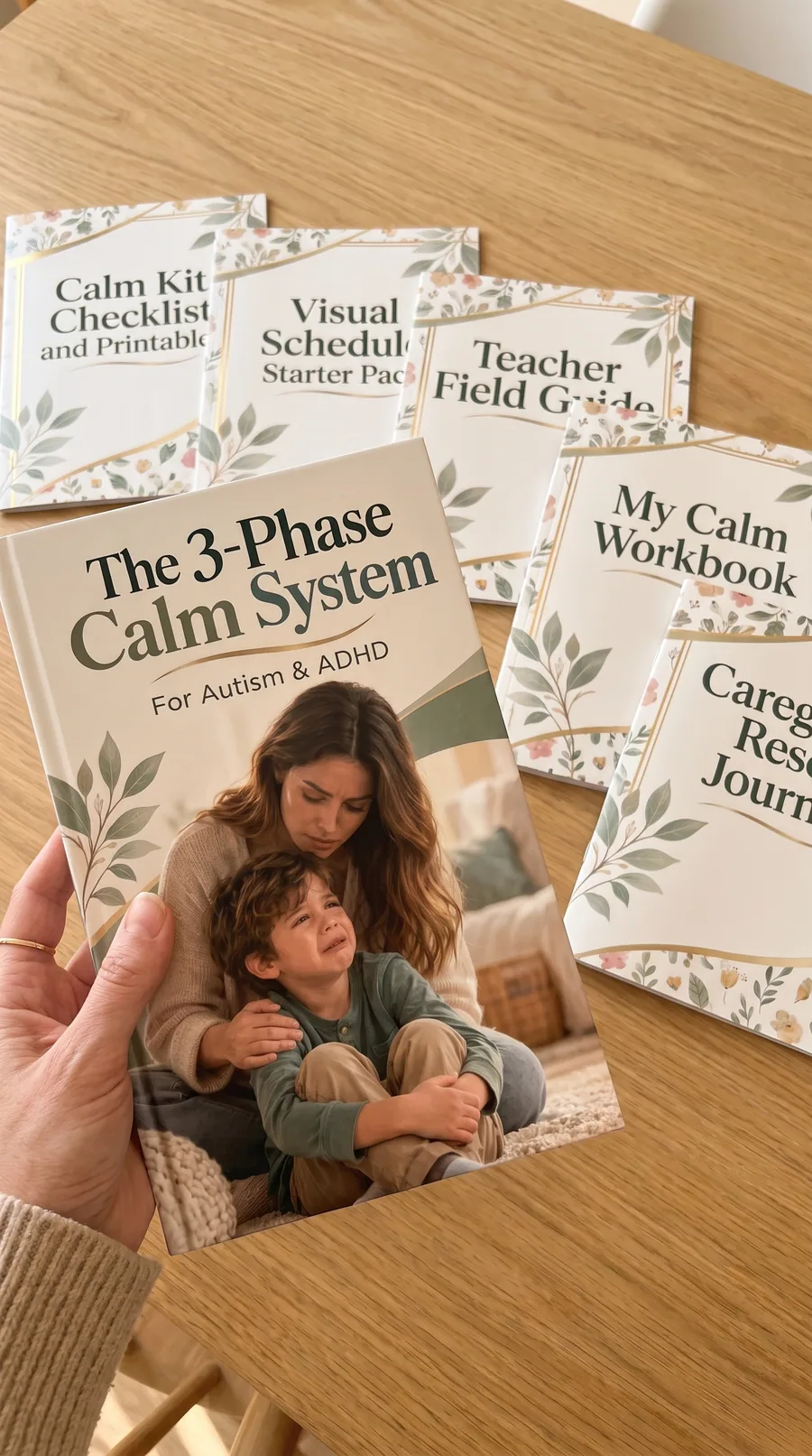 The 3-Phase Calm System — the main book held in hand, with the five bonus booklets laid out on a table